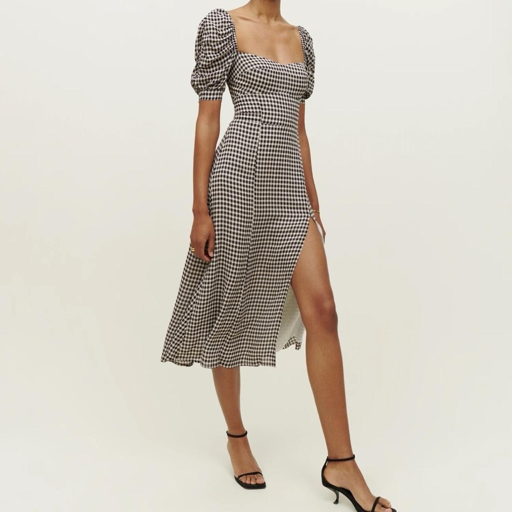 Reformation Puff Sleeve Gingham Midi Dress